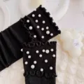 Black ruffled knit socks with elegant pearl embellishments, cozy and stylish daily leg wear. - One Size (EU 34-39) / Black