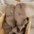 Khaki tulip embroidered ribbed mid tube socks, cute casual daily cotton blend hosiery for women. - One Size 34-39 / Coffee