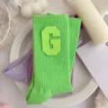 Green ribbed crew socks for women featuring a stylish varsity letter G patch college style. - One Size 34-39 / Fruit Green Fluorescent Green G