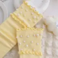 Ruffle pearl mid-tube socks for women, sweet yellow knit cotton hosiery, chic cute daily wear. - One Size (EU 34-39) / Yellow