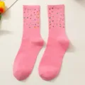 Pink crew socks for women featuring colorful rhinestone details and ribbed upper design. - One Size (EU 34-39) / Girl Pink