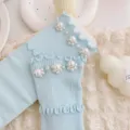 Light blue ruffle mid-tube socks with pearl embellishments, sweet JK Lolita style. - One Size (EU 34-39) / Blue