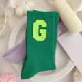 Green college style women socks with letter G patch, trendy spring summer casual cotton socks. - One Size 34-39 / Dark Green Fluorescent Green G