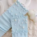 Light blue ruffled ribbed socks with pearl embellishments, sweet style mid-calf socks for women. - One Size (EU 34-39) / Blue