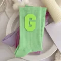 Green ribbed crew socks for women, casual cute collegiate style cotton socks with letter G patch. - One Size 34-39 / Light Green Fluorescent Green G