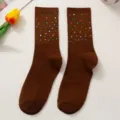 Stylish brown mid-tube socks featuring colorful sparkling rhinestones, comfortable and chic. - One Size (EU 34-39) / Brown