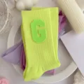 Trendy neon green college style women socks with letter G patch comfortable spring wear - One Size 34-39 / Fluorescent Green Fluorescent Green G