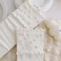 Women white mid tube socks with pearl ruffles cute sweet korean ins style casual cotton hosiery - One Size (EU 34-39) / Beige