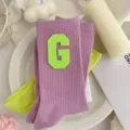 Purple crew socks with neon green varsity G letter patch, trendy cute daily hosiery. - One Size 34-39 / Taro Purple Fluorescent Green G