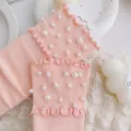Pink ruffle ribbed mid-tube socks with pearl decoration, sweet style candy color cotton socks. - One Size (EU 34-39) / Flesh Pink