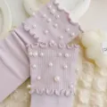 Purple ruffle pearl mid-calf socks for women, cute knitted stacked hosiery for spring autumn. - One Size (EU 34-39) / Purple