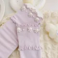 Lila Perlen Rüschen gerippte Socken, süße Lolita Stil Baumwolle Mittelsocken für Frauen. - Einheitsgröße (EU 34-39) / Lila