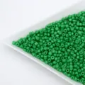 Close-up detail of green glass seed beads in a white tray, perfect for DIY jewelry making. - Grass Green