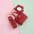 Mini llavero de bolso de cuero PU con espejo de flor, lindo anillo de monedero. - Rojo