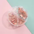 Rose gold binder clips set, paper clips and push pins in a round clear storage box. - Rose Gold Clip Set