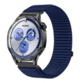 Detailed view of the blue woven nylon smartwatch strap with premium metal buckle texture. - 20mm / Azure Blue