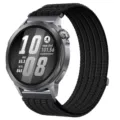 Detailed view of the sport smartwatch featuring a durable black woven loop band and grey case. - 18mm / Black