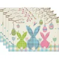 Easter linen placemat detail, featuring cute bunny and colorful egg print for dining table decor. - Four-Piece Set / Style 2