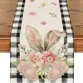 Linen Easter table runner with cute cartoon bunny and floral black white plaid design for home decor - Style 3 Table Runner
