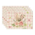 Easter bunny watercolor linen placemat detail view, pink gingham table mat for holiday decoration. - Four-Piece Set / Style 4