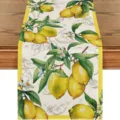 Detailed view of a watercolor lemon and floral pattern table runner, linen fabric home decor. - Style 7 Placemat / 30*45cm