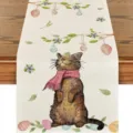Detailed close-up of a linen table runner featuring a cute cat illustration and Easter eggs. - Style 10 Table Runner