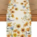 Close-up of the linen table runner with vibrant yellow and blue wild floral prints for decor. - Style 14 / 33*183cm