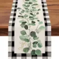 Linen table runner with eucalyptus leaf and buffalo plaid design for home dining party decor. - Style 15 / 33*183cm