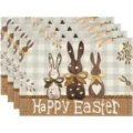 Paashaas linnen placemat set, rustieke ruit tafelmat voor eetkamer decor, hittebestendig. - 4-delige set / Stijl 8 (Happy Easter)