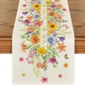 Close-up view of the watercolor floral table runner featuring vibrant flowers and butterflies. - Style 9 / 33*183cm