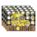 Linen placemat set detail featuring vintage truck lemon and black white plaid design. - Style 11 Placemat / 30*45cm