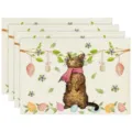 Easter linen placemat set featuring cute watercolor cat and colorful eggs for dining table decor. - Style 10 Placemat