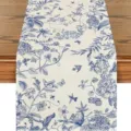 Blue and white botanical floral table runner, vintage bird and butterfly linen dining decor. - 33*180cm / Style 4