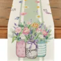 Spring summer floral linen table runner for dining table home decor flower mason jar design - Style 3 Table Runner / 33*180cm