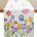 Spring summer floral linen table runner watercolor tulip butterfly dining table decoration - Style 2 / 33*183cm