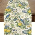Linen table runner with cute blue birds, lemons and floral botanical pattern for dining table decor. - Style 3 / 33*183cm