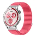 Detailed view of the pink woven smartwatch strap with metal connector and secure buckle design. - 20mm / Water Red