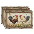 Detailed view of vintage farmhouse rooster placemats with rustic floral and butterfly motifs. - Style 4