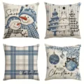 Christmas cushion covers set of 4 blue snowmen trees plaid decorative pillow cases for sofa - 45x45 (Short Plush) / Style 17