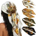 Satin-Quadrat-Schal Detail mit Vintage-Barock-Druck, elegantes Haar-Accessoire und Styling. - 023 - Hinweis Zweigfarben (Oben nach Unten) - 1-2-3-4