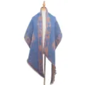 Thickened boucle yarn winter shawl scarf with geometric pattern, stylish fringe design. - Orange Blue