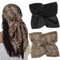 Silk satin square headscarf with leopard print and black options, elegant 90cm versatile accessory. - Style 014
