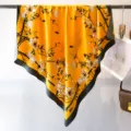 Yellow silk scarf with elegant magnolia floral print, stylish square neckerchief for women. - RY-15