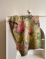 Lotus print artistic oil painting style woven blanket scarf with floral botanical design. - Golden Green Leaves and Pink Lotus