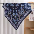 Floral print satin square scarf for women, elegant blue 90cm lightweight head wrapshawl. - Blue Flowers on Navy Background RY-37
