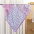 Detailed close-up view of a purple paisley patterned square scarf with delicate lace details. - RY-30