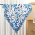 Women blue white floral square scarf satin silk feel vintage neck scarf 90x90cm summer shawl - Blue Gold Pomegranate RY-19