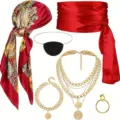 Détail de l'ensemble d'accessoires de pirate d'Halloween avec foulard rouge et colliers. - Ensemble 6 pièces bordeaux