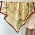 Retro artistic floral print silk square scarf detail, elegant camellia design, beige and brown. - Sketch Camellia-Green