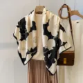 Close-up detail of the vintage black and white floral print square scarf draped elegantly. - Maple Leaf Flower-Black White